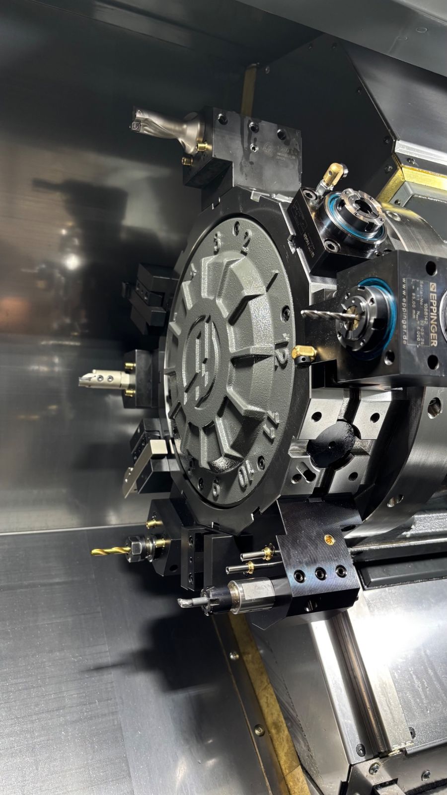 Live-tooling turret inside the Haas ST-15Y CNC turning center at Cherry Creek Machine in Tulsa, Oklahoma