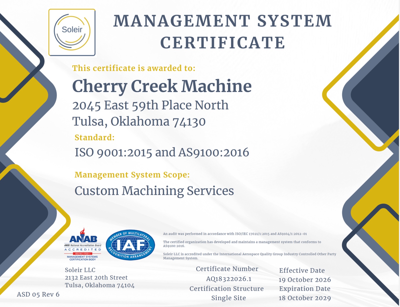 Cherry Creek Machine AS9100:2016 and ISO 9001:2015 Management System Certificate AQ18322026.1, issued by Soleir LLC